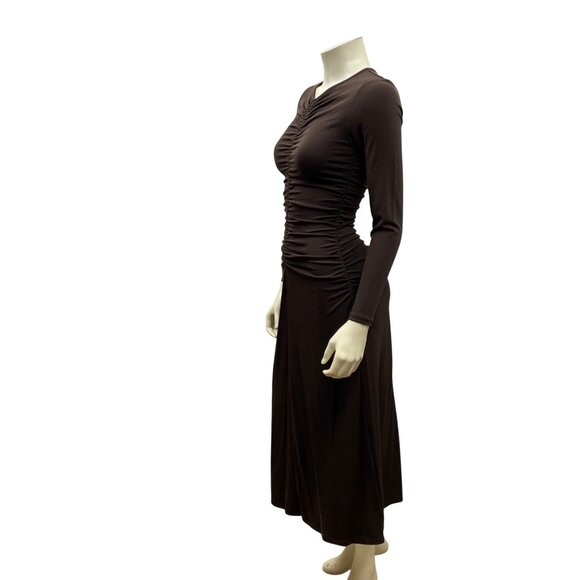 MICHAEL KORS $145 Brown Ruched Long Sleeve Midi‎ Dress With V-Neckline SM NWT - Picture 3 of 12